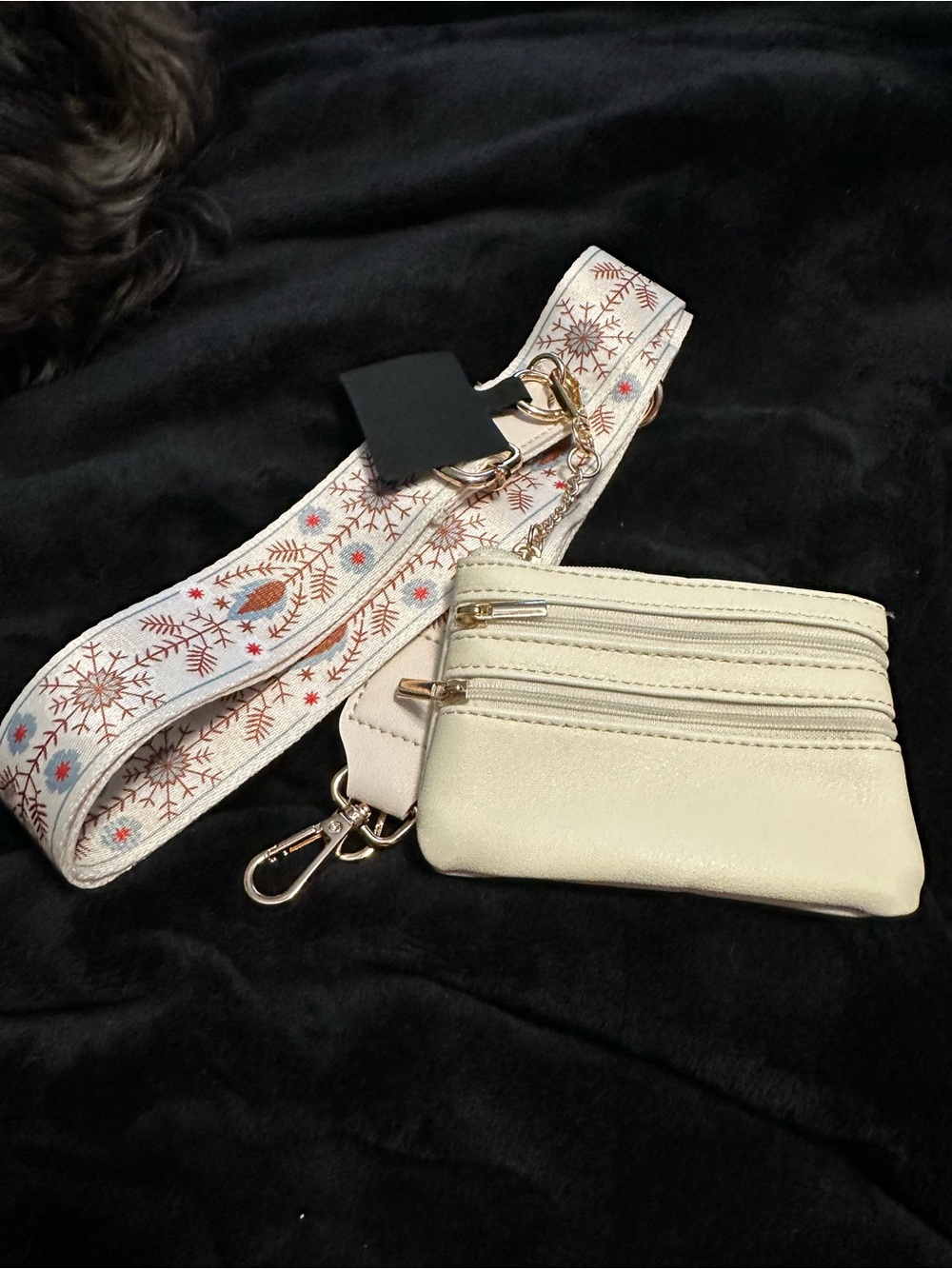 Cream Multi-Zip Crossbody Pouch with Embroidered Strap